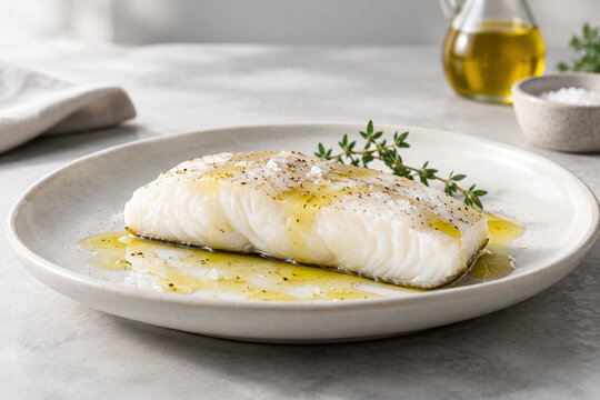 White fish fillet on ceramic plate with olive oil and salt, gourmet seafood dish concept