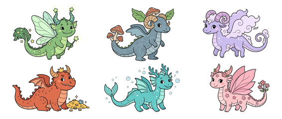 Obraz premium Cute fantasy baby dragons collection, isolated on transparent background.