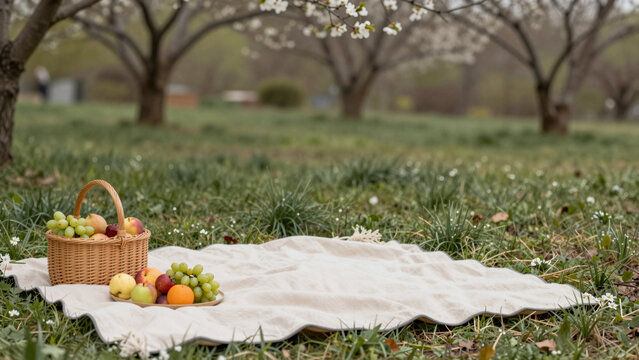 Summer Picnic Blanket Spread Out with Fruit and a Basket