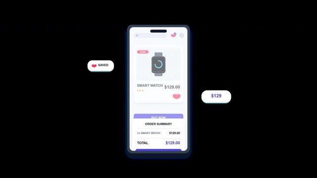 Premium 2.5D motion graphic demonstrating an e-commerce flow from wishlist to successful purchase on a smartphone interface.
