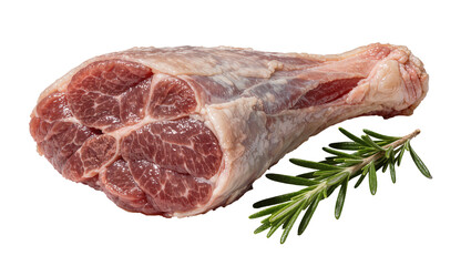 Raw lamb shank with rosemary sprig, isolated on transparent background
