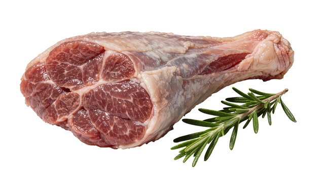 Raw lamb shank with rosemary sprig, isolated on transparent background