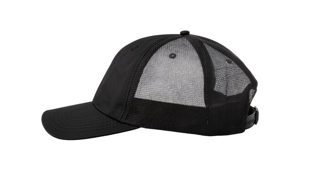 Black trucker cap with mesh back panel, isolated on transparent background