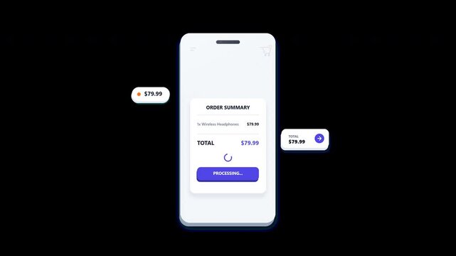 A premium Modern Minimal 2.5D e-commerce motion graphic showing a complete shopping flow from product view, add to cart, checkout processing, to order success