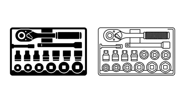 Tool kit with wrench and various bits black and white vector illustration