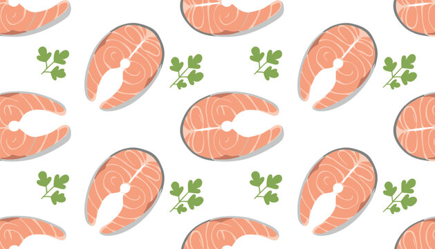 Seamless background pattern showing fresh raw salmon steaks and green parsley leaves on a clean white background.