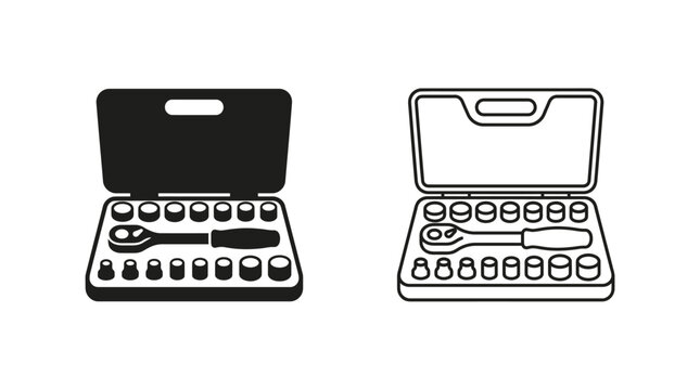 Tool case with assorted implements black and white line icon