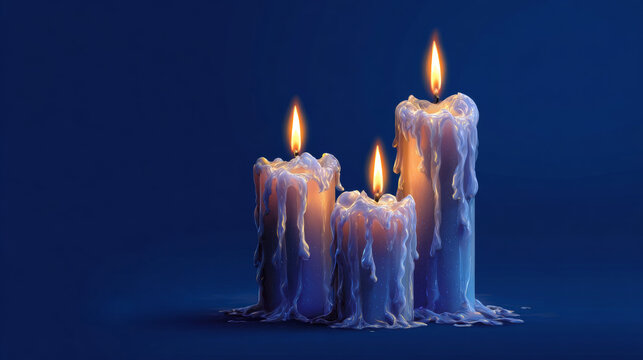 Three modern skyscrapers shaped like real burning candles with soft melting wax on solid dark blue background, concept of light, hope, memory, luxury candlelight and architectural metaphor