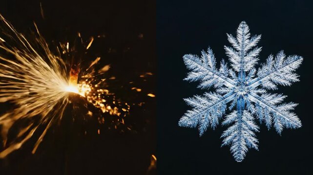 Split screen macro video of sparkling fireworks versus intricate snowflake comparing warm light and cold ice crystal textures looped footage