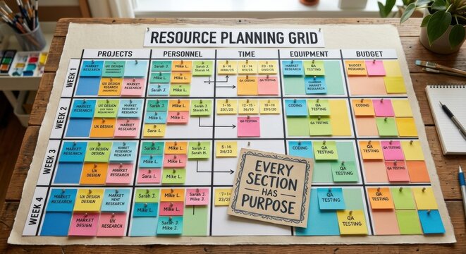 Resource Planning Grid with Color-Coded Sticky Notes for Project Management