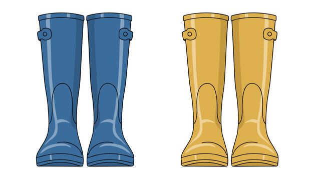 High blue and yellow rubber rain boots displayed side by side as pairs isolated on a clean white background.