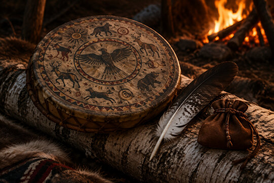 Shamanic frame drum with painted hide on birch log, spiritual and ritual tradition concept