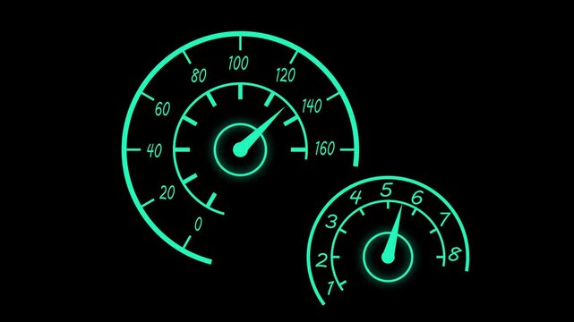 Speedometer and tachometer gauge dials showing motion speed and automotive control animation