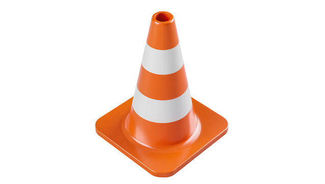 Orange traffic cone with white reflective stripes, isolated on transparent background