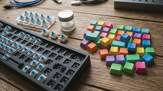 Custom mechanical keyboard assembly kit with colorful keycaps and switches on wooden desk
