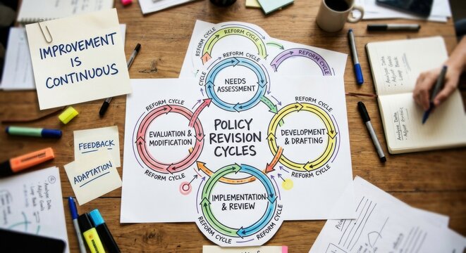 Policy Revision Cycles Diagram on Desk with Notes