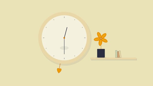 Animated Wall Pendulum Clock with Blooming Sun Flower on Shelf, Seamless Loop for Time Management and Mindfulness Concept