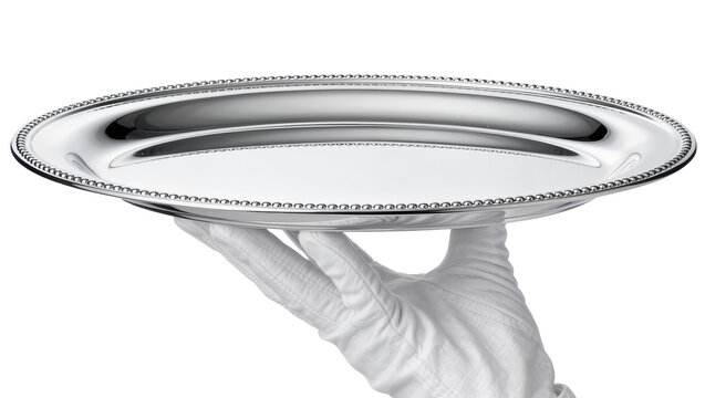White gloved hand holding polished silver oval serving tray with beaded rim, isolated on transparent background