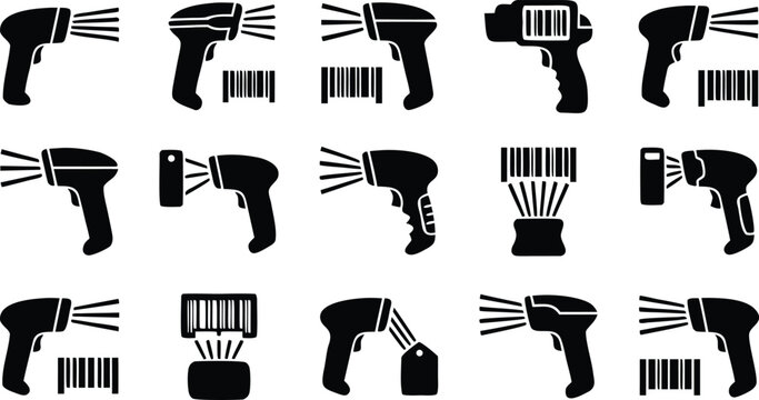 Barcode scanner icon set with handheld gun trigger barcode and price tag