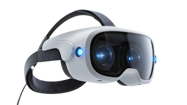 Modern white virtual reality headset with blue lights, isolated on transparent background
