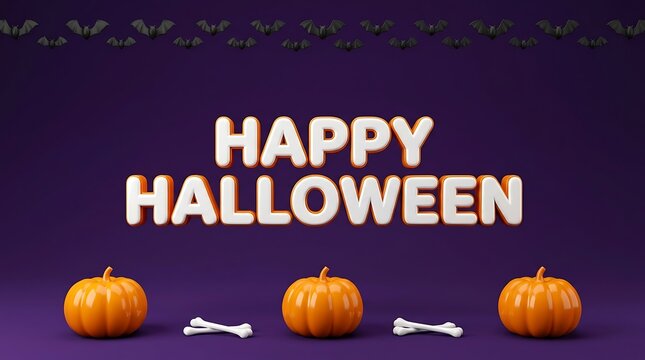 Happy halloween 3 d typography with orange pumpkins white bones and black bats on a dark purple background
