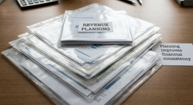 Stack of Revenue Planning Documents in Transparent Sleeves on Office Desk