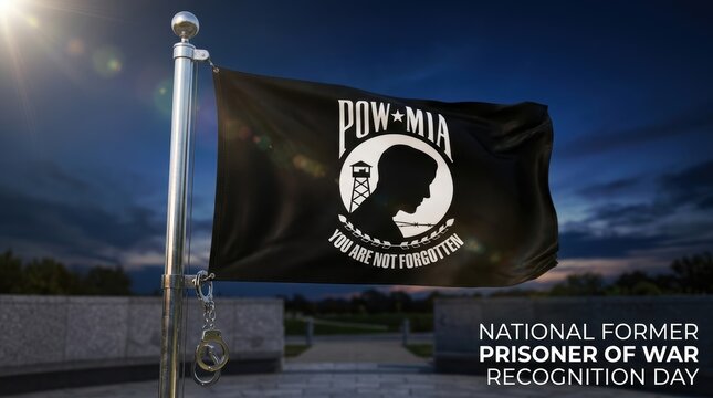 Pow mia flag waving against a dark blue evening sky for national former prisoner of war recognition day