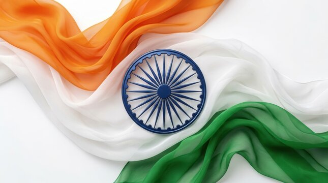 Indian national flag with saffron white and green fabric waves and blue ashoka chakra wheel in the center