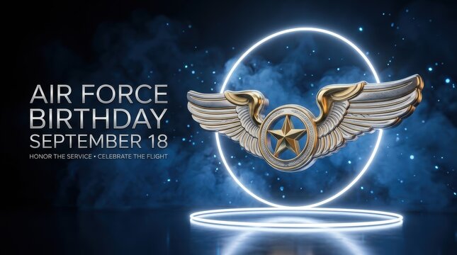 United states air force birthday celebration graphic with silver wings emblem and glowing neon circle design