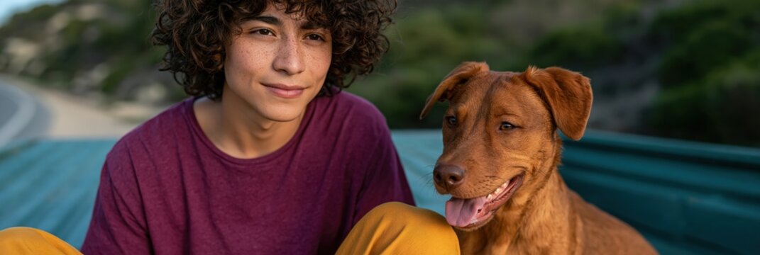 Casual outdoor portrait of a teenager with a brown dog on a coastal boardwalk for lifestyle background and banner design