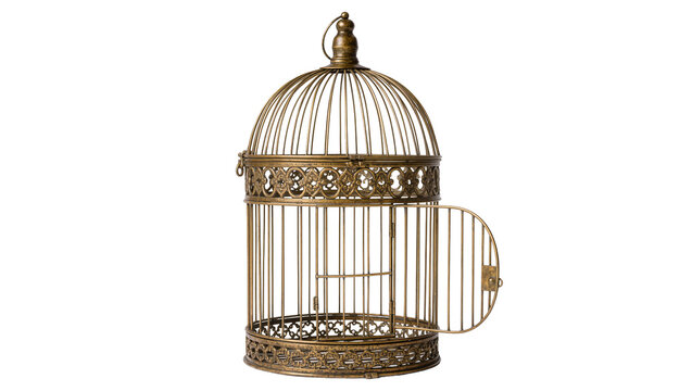 Antique ornate golden birdcage with open door, isolated on transparent background