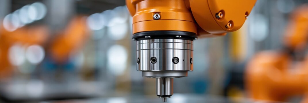 Close-up of a robotic drilling arm in a manufacturing plant for solar panel factory background and industrial banner design