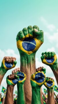 Group of people raising fists painted with the brazil flag colors against a clear sky representing unity and support