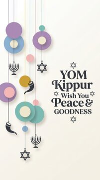 Yom kippur greeting card with hanging shofar menorah and star of david symbols for jewish holiday celebration