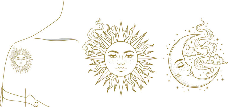 Celestial Sun and Moon Face Tattoo Collection, Mystical Lunar Astrology Vector Designs