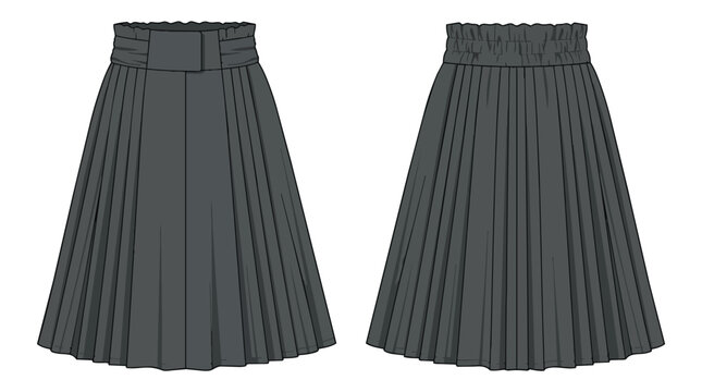 Women's Pleated High Waisted Skirt Fashion Technical Flat Sketch Template Front and Back View in Dark Gray Color