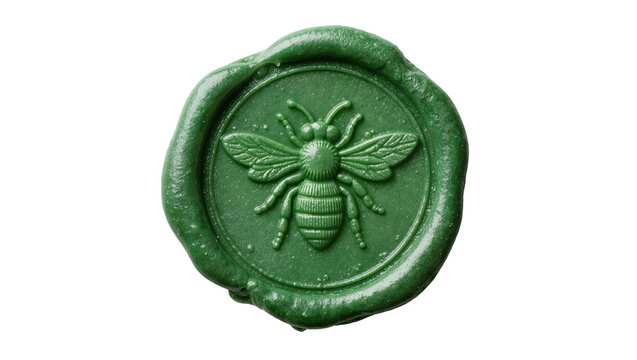 Green wax seal with bee emblem, isolated on transparent background