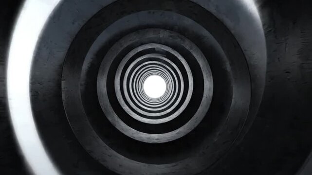 Dark tunnel spinning motion with concentric glowing white rings moving forward in a smooth endless loop digital animation video footage