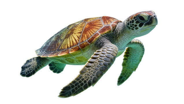 Green sea turtle swimming gracefully, isolated on transparent background