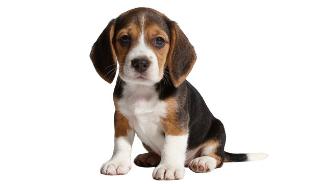 Cute beagle puppy sitting attentively, isolated on transparent background