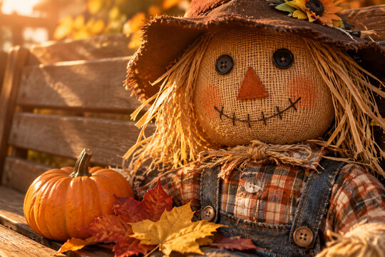 Scarecrow burlap face with straw shirt, pumpkin and autumn leaves on wooden bench, fall harvest character