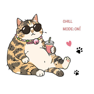 cat, cute cat, funny cat, cartoon cat, cat character, chill mode, chill mode on, chill, relaxed cat, cool cat, sunglasses, sunglasses cat, drink, relaxing, relaxation, leisure, lifestyle, funny animal
