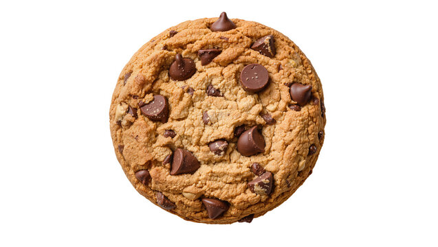 Round chocolate chip cookie with crunchy texture, isolated on transparent background