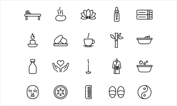 Set outline icons related to spa. Linear icon collection. Editable stroke. Vector illustration