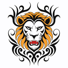 Fototapeta premium Bold tribal lion head with orange mane, white face, red mouth, black tribal ornaments and swirls, roaring expression