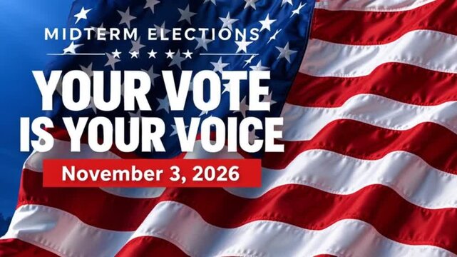 United States Midterm Elections November 3 2026 Banner with Waving American Flag and Your Vote Is Your Voice Message