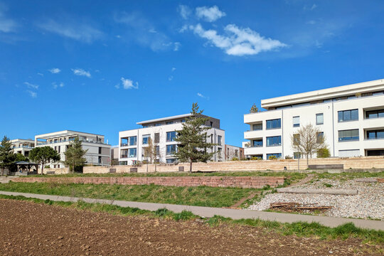 Heidelberg, Germany - Modern white cubic residential buildings in Heidelberg Bahnstadt district. Sustainable urban development and passive house architecture
