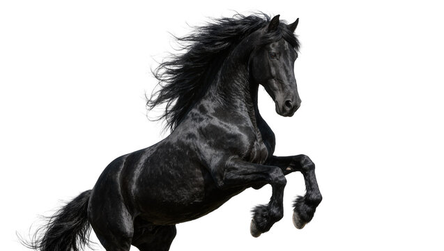 Majestic black Friesian horse rearing up, isolated on transparent background
