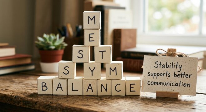 Arrangement of letter blocks spelling balance and symmetry on a wooden surface