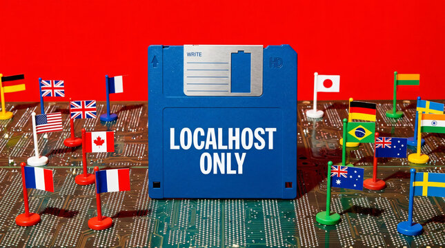 Vintage blue floppy disk with localhost only text on circuit board